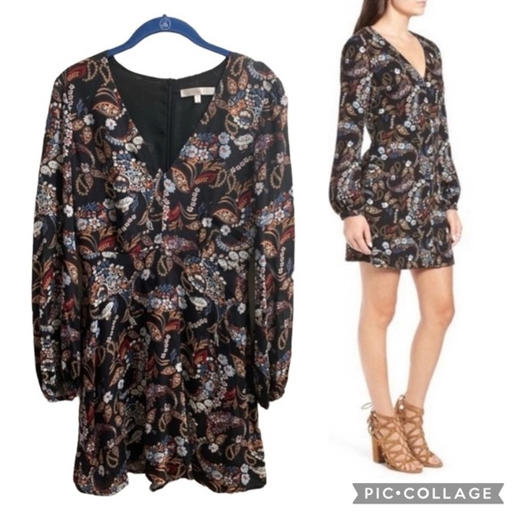 Wayf Malone Paisley Black Floral V-Neck Mini Swing Dress Size Small Fall - Picture 1 of 13